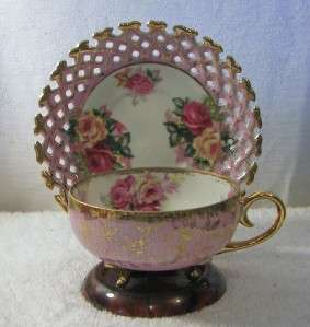 PINK LUSTRE WITH ROSES CUP AND SAUCER SET TRIMONT JAPAN  