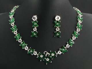 White Gold Plated Green Emerald Necklace Jewellery Set  