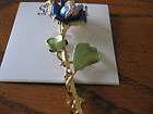 Long Stem Rose Brooch gold Blue green with crystal accent 3 1 /2 