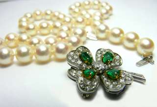   EyeCatching Natural Pearl, Emerald & Diamond Shamrock Necklace 18k