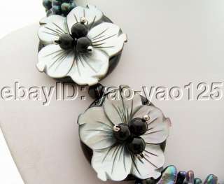 4Strds Pearl&Biwa&Onyx&Shell Flower Necklace  