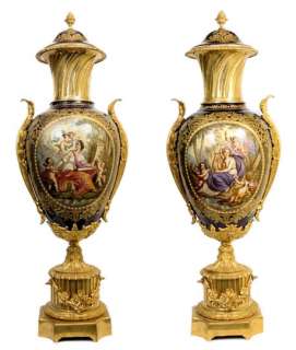 Pair Antique Sevres Style Ormolu Bronze Porcelain Urns  