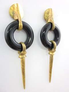 DESIGNER Black Resin Gold Tone Dagger Dangle Earrings  