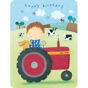   Glückwunsch zum Geburtstag Junge und Hund auf Traktor Grußkarte
