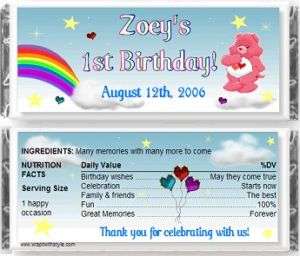 Care Bear birthday personalized candy bar wrappers  