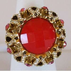Ladies Size 7 and 8 Fashion Ring Gold Plated Synthetic Coral Center 