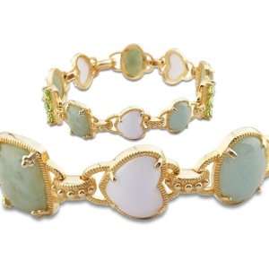   Gold Over Sterling Silver Green Jade and White Agate Bracelet Jewelry