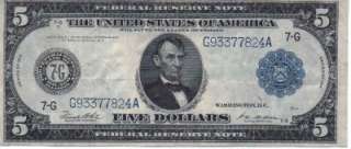   1914 $5 Bill Large Federal Reserve Note Blue Seal Five Dollar #7824A