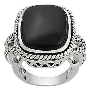   Silvertone Cushion cut Created Black Agate Rope Detail Ring Jewelry