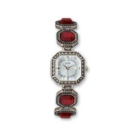 1928 Ladies Silver Tone Antiqued Red Crystal Band Watch  