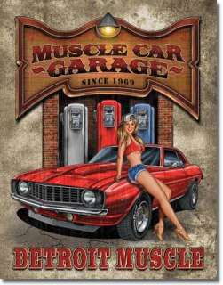 Detroit Muscle Car Tin Sign Garage Gas Ad Pin Up Girl  