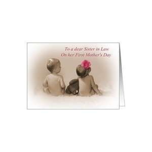   in Law on First Mothers Day, baby girl and boy with pink flower Card