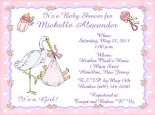 20 Stork Carrying Baby Girl Personalized Baby Shower Invitations w 