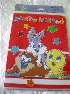 Baby LOONEY TUNES Party Supplies x8 INVITATIONS Tweety Taz Bugs Bunny 
