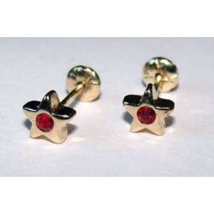 TODDLER / CHILD 18k SKILLUS GOLD RED CZ STAR EARRINGS SAFETY SNAP ON 