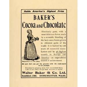 1906 Ad Walter Baker & Co. Cocoa Chocolate Drink Maid   Original Print 