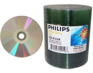 100 Philips CD R 52X Silver Shiny Top Blank CDR Disc  