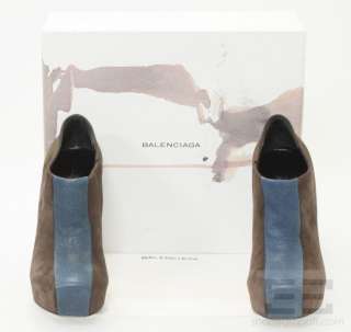 Balenciaga Brown Suede Blue Leather & Black Heel Ankle Boots Size 40 