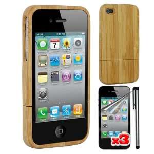   Bamboo Wood Case + Silver Touch Screen Stylus Pen for Apple Iphone 4