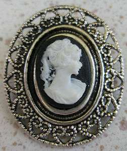 VINTAGE CAMEO PIN VICTORIAN BROOCH SILVER TONED GREEK GODDESS FILIGREE 