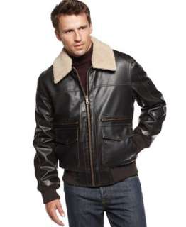 Tommy Hilfiger Jacket, Faux Leather Aviator Bomber with Sherpa Collar