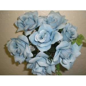 Set of 4 LITE BLUE Open Rose Silk Flower Bouquets