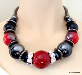 Dark silver plated chunky necklace with red and black two tone beads 