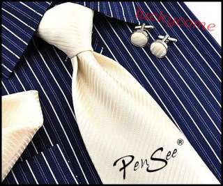   100% Jacquard Woven silk stripes tie Mens necktie set hanky cufflinks