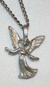 Lovely Sculpted Pewter Angel Figural Pendant Necklace  