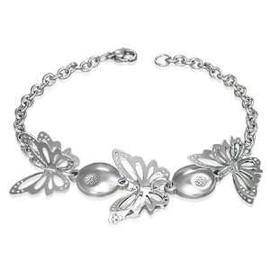   Steel Filigree Butterfly Crater Circle Link Womens Bracelet Jewelry