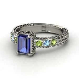 Emerald Isle Ring, Emerald Cut Sapphire 14K White Gold Ring with Green 