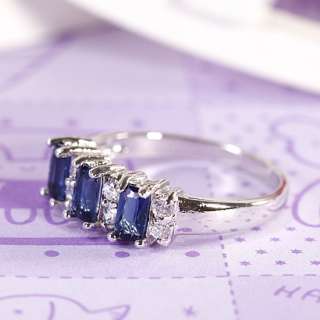   Blue Sapphire Emerald Cut 18K White Gold Plated Fashion Jewelry Ring 6