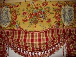 French Country VALANCE Balloon Shade Curtain Red Gold Waverly Toile 