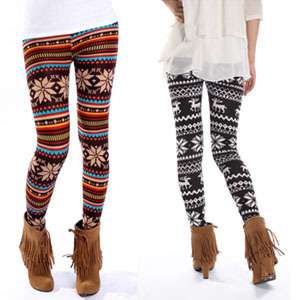 Women Retro Knitted Warm Tights Snowflakes Winter Leggings Soft Pants 