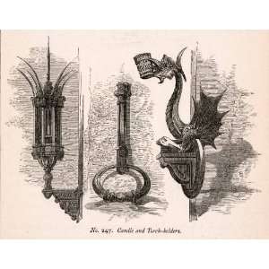 1862 Wood Engraving Frederick William Fairholt Candle Torch Holder 
