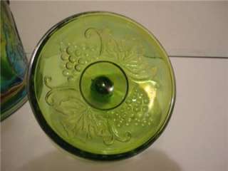 INDIANA GLASS VINTAGE HARVEST GRAPE GREEN CARNIVAL GLASS CANISTER 