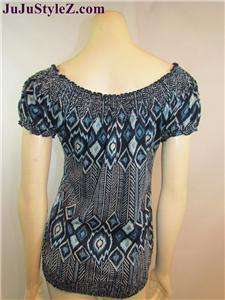 Lucky Brand Blue Multi Colored Tribal Print Cotton Cap Sleeve Top 
