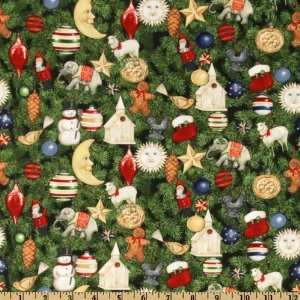  44 Wide Holiday Home Ornaments Green Fabric By The Yard 