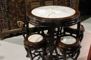   QING PERIOD HUA LI WOOD TABLE WITH FIVE STOOLS, MARBLE TOP  