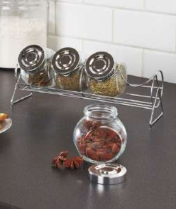 New Mini Glass Canister and Rack Set Perfect Seal Silver Lids Spice 