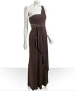 Hoaglund New York dark chocolate jersey jeweled one shoulder dress 