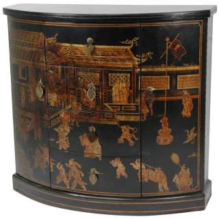 Oriental Furniture Black Lacquer Village Marktet Cabinet  