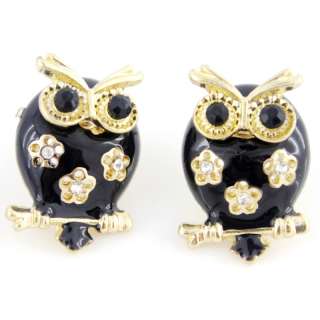 Gold tone Beautiful Black Enamel Crystal Owl Stud Earrings  