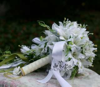   WHITE PINK ARTIFICIAL CASCADE SILK WEDDING BRIDAL LILY FLOWER BOUQUET