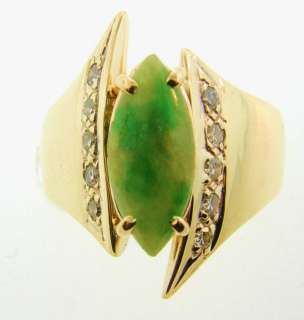 Stunning Genuine Diamond & Jade Solid 14K Gold Ring  