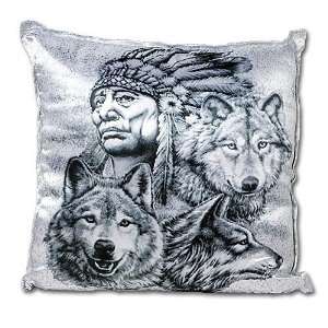  Native American & Wolf Satin Cushion