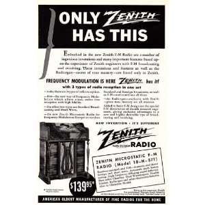   Ad 1940 Zenith Radio Microstatic FM Model 10H571 Zenith Books