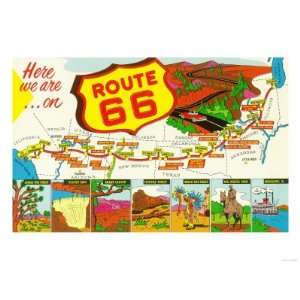  Map of Route 66 from Los Angeles to Chicago Giclee Poster 