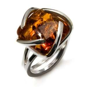   Amber and Sterling Silver Large Universe Ring Sizes 5,6,7,8,9,10,11,12