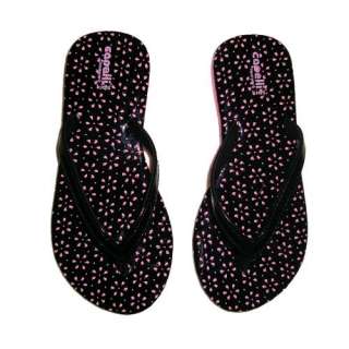 New Girls Shiny Black Pink Flower Design Low Wedge Flip Sandals Shoes 